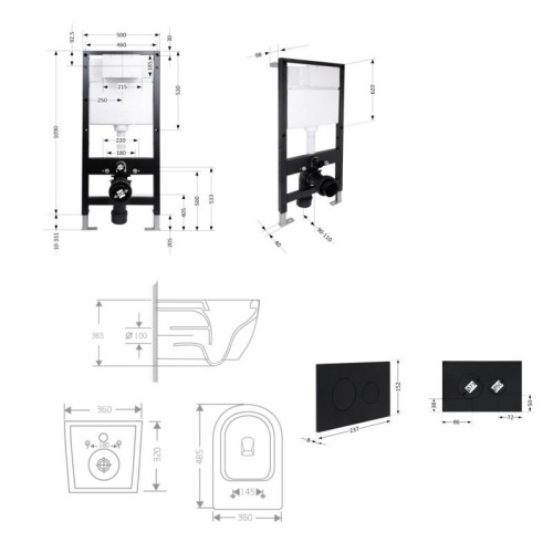 Готовое решение Qtap для ванной комнаты: подвесной унитаз Jay Rimless 485x360x320 + комплект инсталляции Standard (круглая кнопка Black)