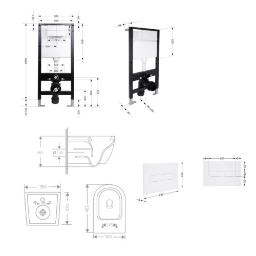 Готовое решение Qtap для ванной комнаты: подвесной унитаз Jay Rimless 485x360x320 + комплект инсталляции Standard (линейная кнопка White)
