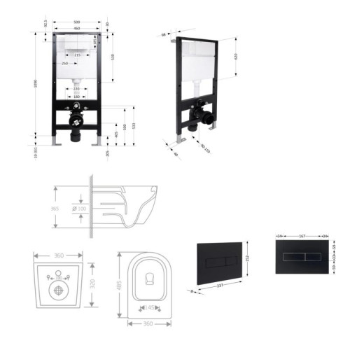Готовое решение Qtap для ванной комнаты: подвесной унитаз Jay Rimless 485x360x320 + комплект инсталляции Standard (линейная кнопка Black)