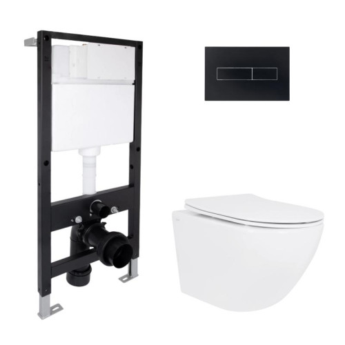 Готовое решение Qtap для ванной комнаты: подвесной унитаз Jay Rimless 485x360x320 + комплект инсталляции Standard (линейная кнопка Black)