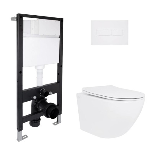 Готовое решение Qtap для ванной комнаты: подвесной унитаз Jay Ultra Quiet 485x360x320 + комплект инсталляции Standard (линейная кнопка White)