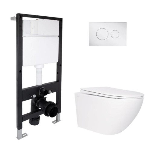 Готовое решение Qtap для ванной комнаты: подвесной унитаз Jay Rimless 520x360x320 + комплект инсталляции Standard (круглая кнопка Chrome)