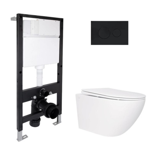Готовое решение Qtap для ванной комнаты: подвесной унитаз Jay Rimless 520x360x320 + комплект инсталляции Standard (круглая кнопка Black)