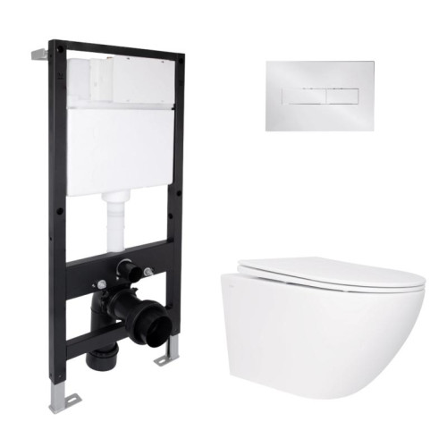 Готовое решение Qtap для ванной комнаты: подвесной унитаз Jay Rimless 520x360x320 + комплект инсталляции Standard (линейная кнопка Chrome)