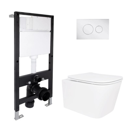 Готовое решение Qtap для ванной комнаты: подвесной унитаз Crow Rimless 485x340x330 + комплект инсталляции Standard (круглая кнопка Chrome)