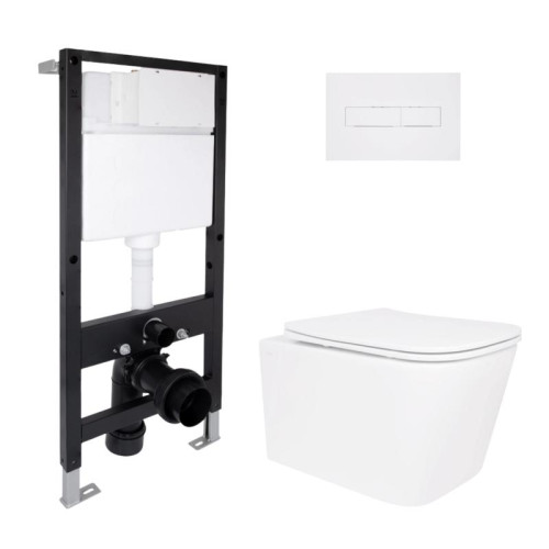 Готовое решение Qtap для ванной комнаты: подвесной унитаз Crow Ultra Quiet 485x340x290 + комплект инсталляции Standard (линейная кнопка White)