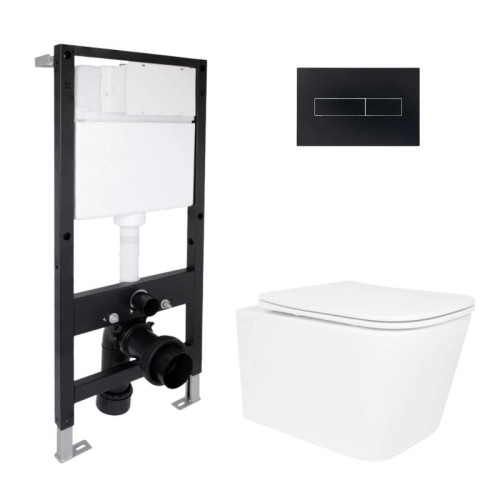 Готовое решение Qtap для ванной комнаты: подвесной унитаз Crow Ultra Quiet 485x340x290 + комплект инсталляции Standard (линейная кнопка Black)