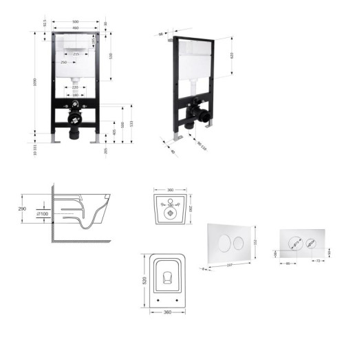 Готовое решение Qtap для ванной комнаты: подвесной унитаз Crow Ultra Quiet 520x360x290 + комплект инсталляции Standard (круглая кнопка Chrome)
