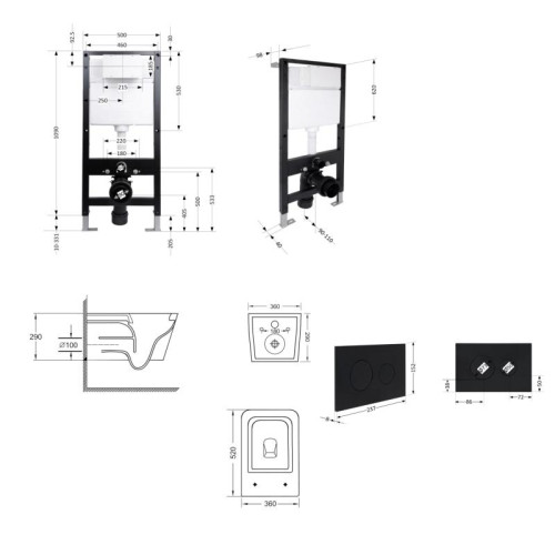Готовое решение Qtap для ванной комнаты: подвесной унитаз Crow Ultra Quiet 520x360x290 + комплект инсталляции Standard (круглая кнопка Black)