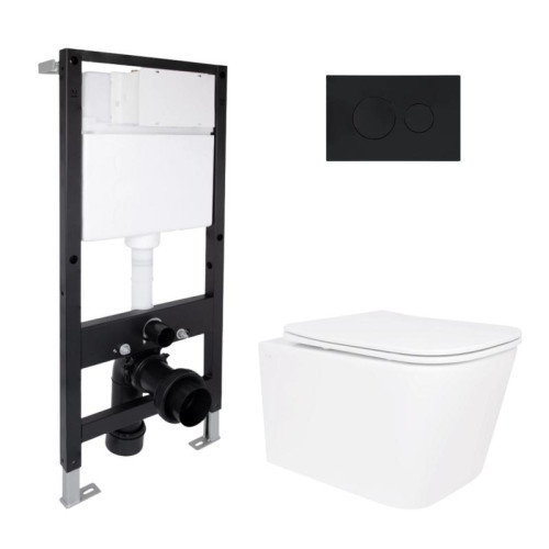 Готовое решение Qtap для ванной комнаты: подвесной унитаз Crow Ultra Quiet 520x360x290 + комплект инсталляции Standard (круглая кнопка Black)