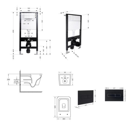 Готовое решение Qtap для ванной комнаты: подвесной унитаз Crow Ultra Quiet 520x360x290 + комплект инсталляции Standard (линейная кнопка Black)