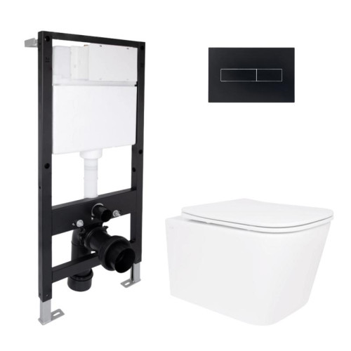 Готовое решение Qtap для ванной комнаты: подвесной унитаз Crow Ultra Quiet 520x360x290 + комплект инсталляции Standard (линейная кнопка Black)