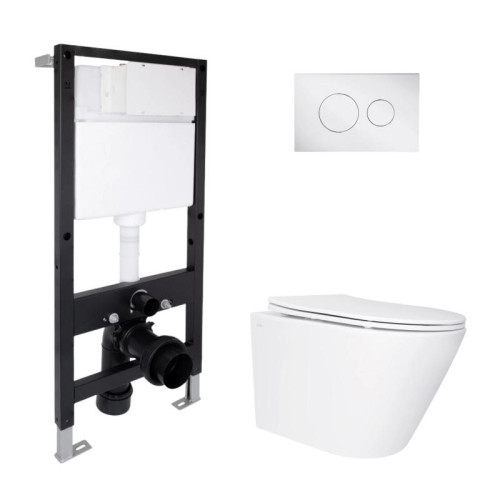 Готовое решение Qtap для ванной комнаты: подвесной унитаз Swan Ultra Quiet 485x360x320 + комплект инсталляции Standard (круглая кнопка Chrome)