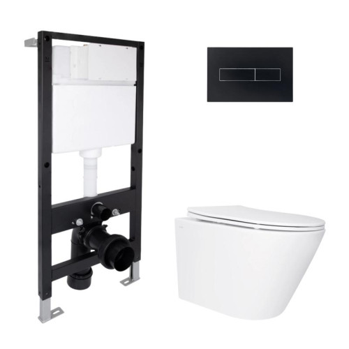 Готовое решение Qtap для ванной комнаты: подвесной унитаз Swan Ultra Quiet 485x360x320 + комплект инсталляции Standard (линейная кнопка Black)