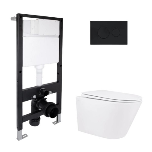 Готовое решение Qtap для ванной комнаты: подвесной унитаз Swan Rimless 520x360x320 + комплект инсталляции Standard (круглая кнопка Black)