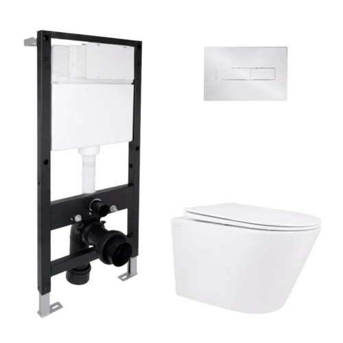 Готовое решение Qtap для ванной комнаты: подвесной унитаз Swan Rimless 520x360x320 + комплект инсталляции Standard (линейная кнопка Chrome)