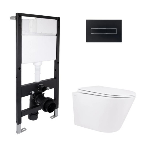 Готовое решение Qtap для ванной комнаты: подвесной унитаз Swan Rimless 520x360x320 + комплект инсталляции Standard (линейная кнопка Black)