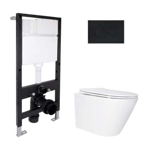 Готовое решение Qtap для ванной комнаты: подвесной унитаз Swan Ultra Quiet 520x360x320 + комплект инсталляции Standard (круглая кнопка Black)