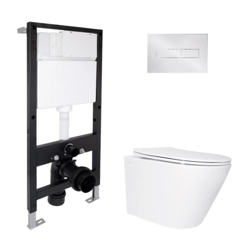 Готовое решение Qtap для ванной комнаты: подвесной унитаз Swan Ultra Quiet 520x360x320 + комплект инсталляции Standard (линейная кнопка Chrome)