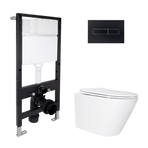 Готовое решение Qtap для ванной комнаты: подвесной унитаз Swan Ultra Quiet 520x360x320 + комплект инсталляции Standard (линейная кнопка Black)