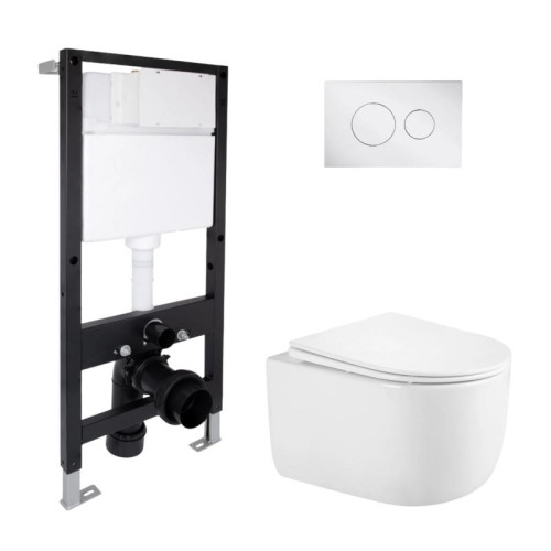 Готовое решение Qtap для ванной комнаты: подвесной унитаз Taurus Ultra Quiet 485x360x350 + комплект инсталляции Standard (круглая кнопка Chrome)
