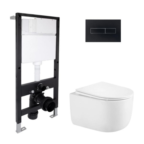 Готовое решение Qtap для ванной комнаты: подвесной унитаз Taurus Ultra Quiet 485x360x350 + комплект инсталляции Standard (линейная кнопка Black)