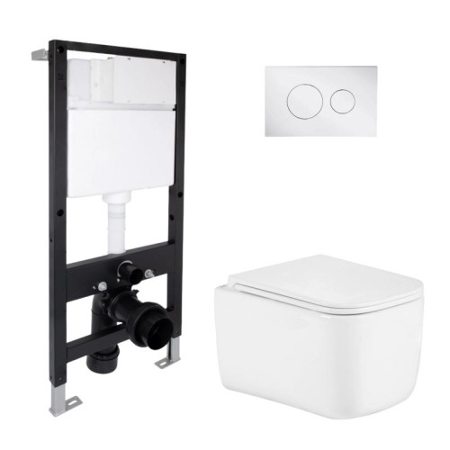 Готовое решение Qtap для ванной комнаты: подвесной унитаз Gemini Ultra Quiet 485x340x350 + комплект инсталляции Standard (круглая кнопка Chrome)