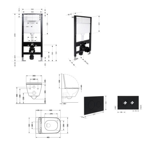Готовое решение Qtap для ванной комнаты: подвесной унитаз Gemini Ultra Quiet 485x340x350 + комплект инсталляции Standard (круглая кнопка Black)