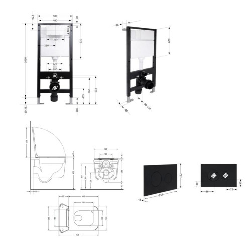 Готовое решение Qtap для ванной комнаты: подвесной унитаз Gemini Ultra Quiet 520x360x350 + комплект инсталляции Standard (круглая кнопка Black)