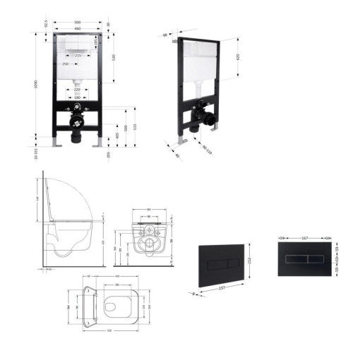 Готовое решение Qtap для ванной комнаты: подвесной унитаз Gemini Ultra Quiet 520x360x350 + комплект инсталляции Standard (линейная кнопка Black)
