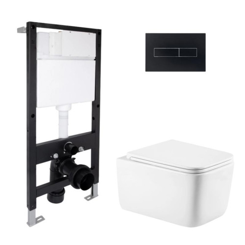 Готовое решение Qtap для ванной комнаты: подвесной унитаз Gemini Ultra Quiet 520x360x350 + комплект инсталляции Standard (линейная кнопка Black)