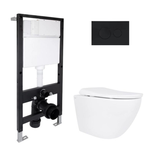 Готовое решение Qtap для ванной комнаты: подвесной унитаз Robin ML Ultra Quiet 520x365x365 + комплект инсталляции Standard (круглая кнопка Black)