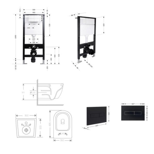 Готовое решение Qtap для ванной комнаты: подвесной унитаз Jay Ultra Quiet 485x360x320 + комплект инсталляции Standard (линейная кнопка Black)