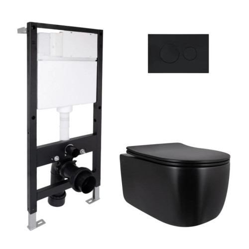 Готовое решение Qtap для ванной комнаты: подвесной унитаз Taurus Ultra Quiet 515x360x350 + комплект инсталляции Standard (круглая кнопка Black)