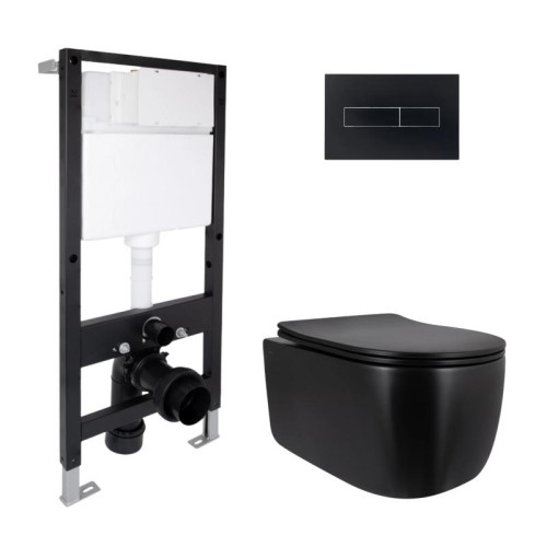 Готовое решение Qtap для ванной комнаты: подвесной унитаз Taurus Ultra Quiet 515x360x350 + комплект инсталляции Standard (линейная кнопка Black)