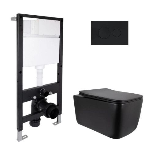 Готовое решение Qtap для ванной комнаты: подвесной унитаз Gemini Ultra Quiet 520x360x350 + комплект инсталляции Standard (круглая кнопка Black)