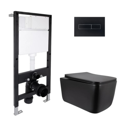 Готовое решение Qtap для ванной комнаты: подвесной унитаз Gemini Ultra Quiet 520x360x350 + комплект инсталляции Standard (линейная кнопка Black)