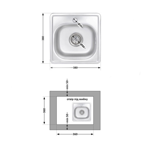Кухонная мойка Brinex 3838 0,6 мм Satin (BRIN3835SAT06)